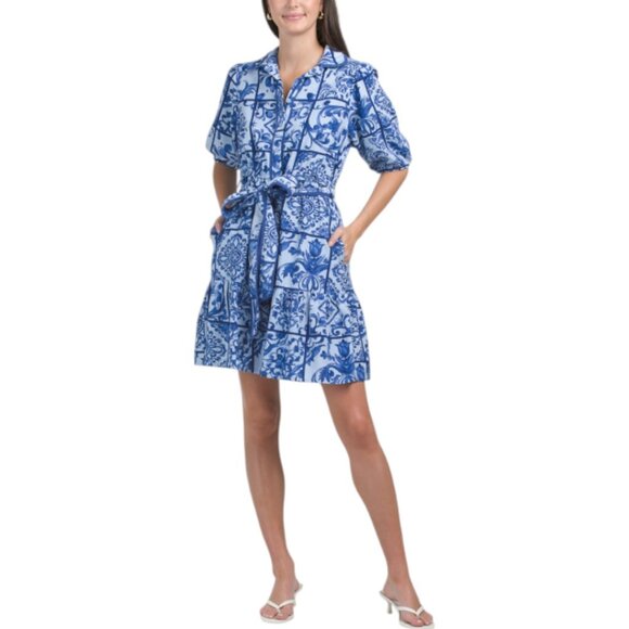 LEA Dresses & Skirts - LEA Short Sleeve Tile Print Mini Dress - Blue Multi